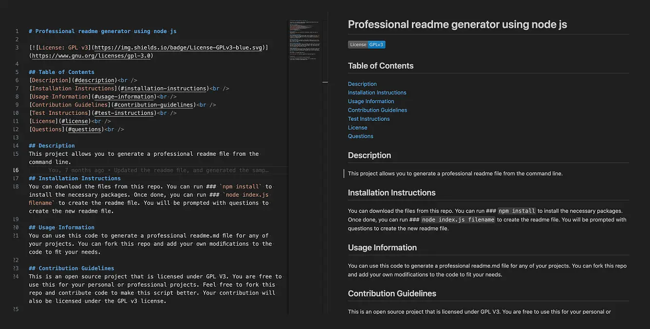 Example of a readme file. On the left we see the file open in the editor and written in markdown, on the right we see a preview of what the file looks like openend in a web browser
